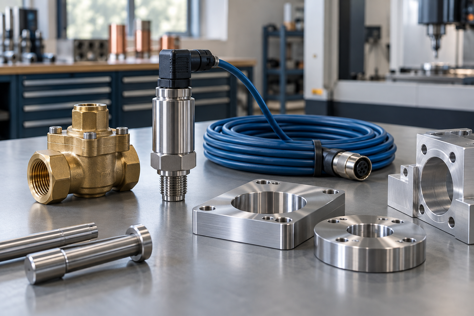 Close view of industrial sensors, a valve, cable assembly, and machined metal parts
