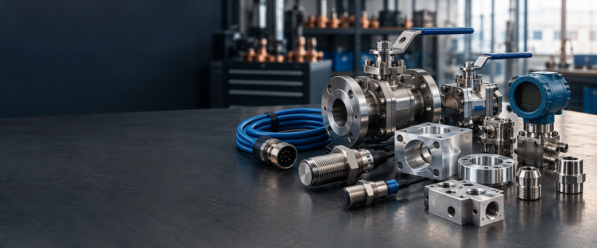 Industrial valves, sensors, cable assemblies, and machined components arranged on a workbench
